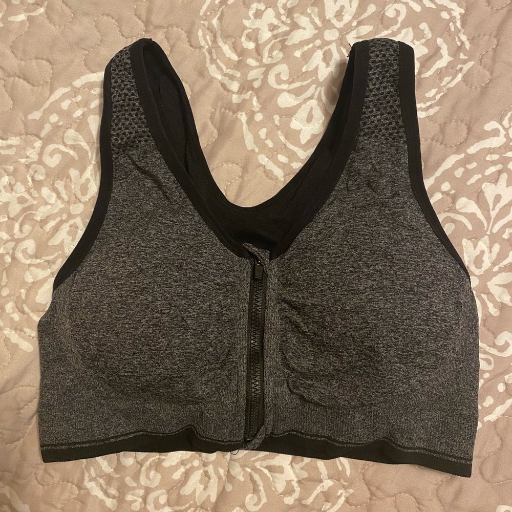 Sports bra, zipper front, padded and t-back, M